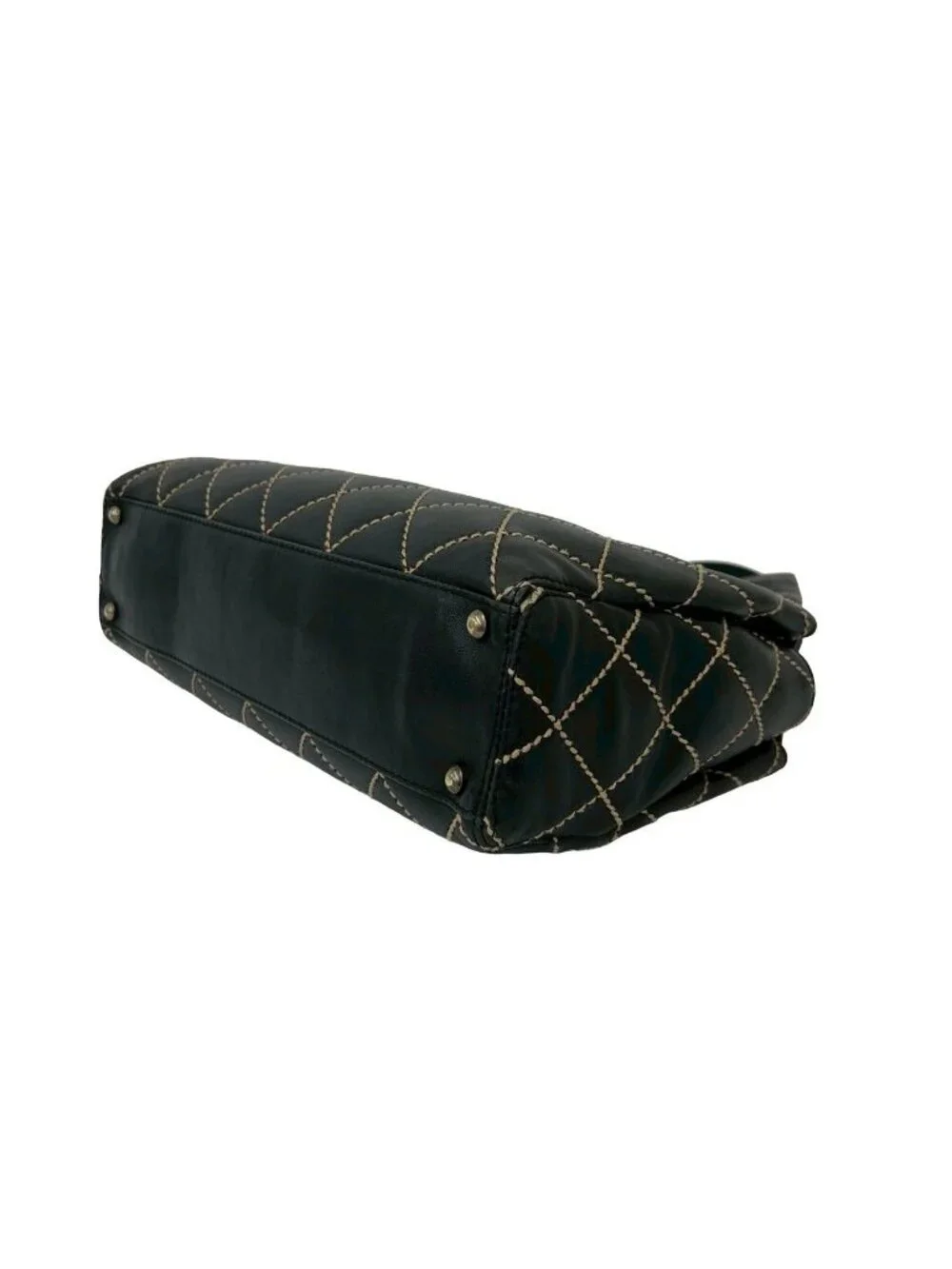 Chanel Quilted CC Logo Wild Stitch Leather Tote Shoulder Bag Black